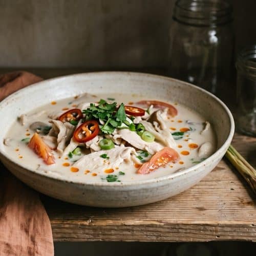 A bowl of creamy Thai coconut soup with chicken, tomato, red chili and cilantro, with a halved lime, lemongrass and lime leaves on a pantry shelf