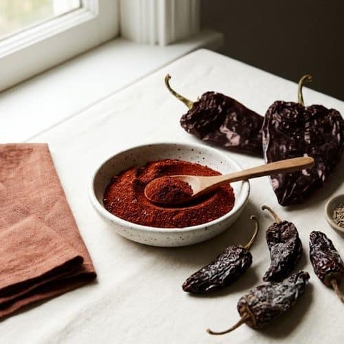 A speckled white bowl of brick-red smoked chili powder with a wooden spoon, surrounded by whole dried ancho and chipotle chilies and a small dish of cumin seeds on a cream tablecloth by a window.