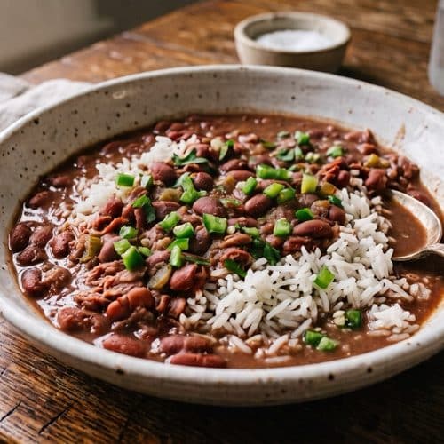 Red beans simmered low and slow with a smoked ham hock, ladled over rice and finished with fresh jalapeño.