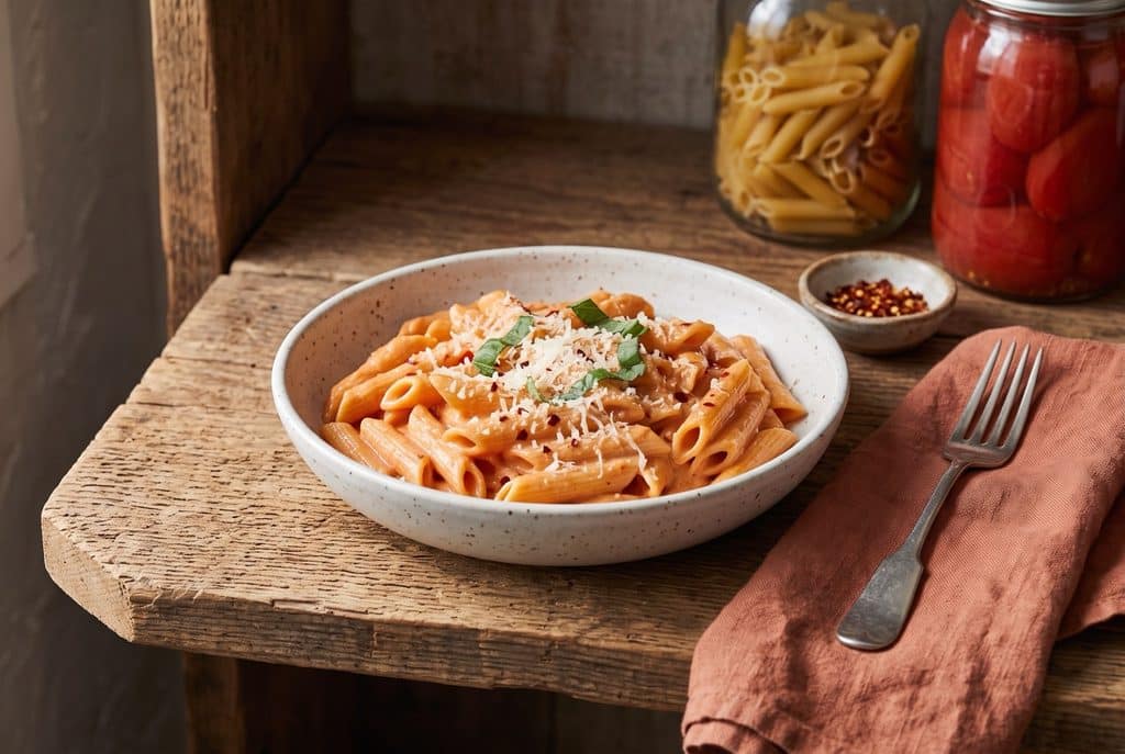 A speckled bowl of penne in a creamy pale orange vodka sauce topped with Parmesan, crushed red pepper and torn basil, on a wooden shelf
