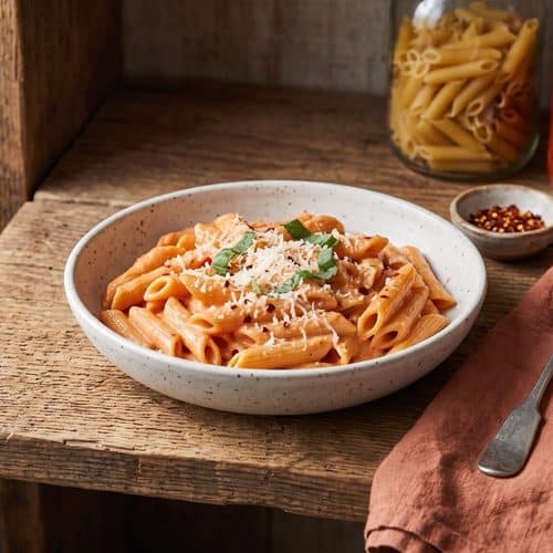 A speckled bowl of penne in a creamy pale orange vodka sauce topped with Parmesan, crushed red pepper and torn basil, on a wooden shelf