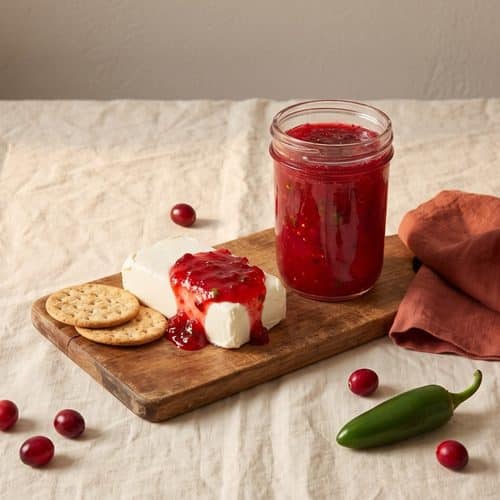 A jar of cranberry jalapeƱo jam with cream cheese topped with jam, crackers, fresh cranberries and a jalapeƱo on cream linen