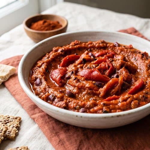 Roasted red pepper and eggplant ajvar in a white bowl, with torn pita, seeded crackers and a small bowl of smoked paprika