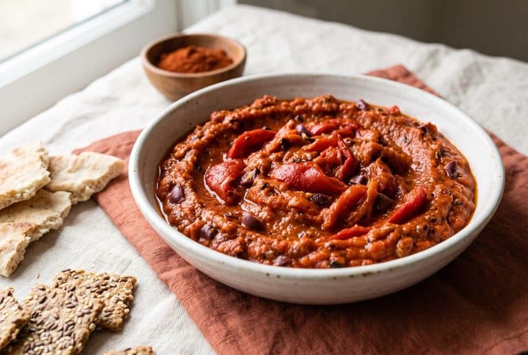 Roasted red pepper and eggplant ajvar in a white bowl, with torn pita, seeded crackers and a small bowl of smoked paprika