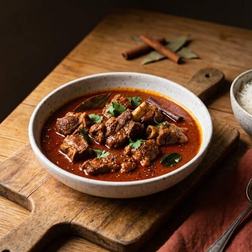 A speckled white bowl of Indian mutton curry with bone-in pieces of meat in a thick gravy flecked with black pepper, garnished with curry leaves, a bay leaf, a cinnamon stick and cilantro, on a wooden board beside a bowl of basmati rice.