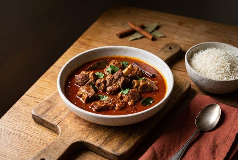 A speckled white bowl of Indian mutton curry with bone-in pieces of meat in a thick gravy flecked with black pepper, garnished with curry leaves, a bay leaf, a cinnamon stick and cilantro, on a wooden board beside a bowl of basmati rice.