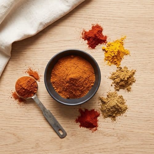 A small bowl of reddish-orange homemade curry powder with a heaped measuring spoon and small mounds of the ground spices that go into it on an oak table