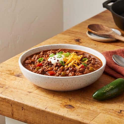 A speckled white bowl of ground beef chili with red and green bell pepper, topped with sour cream, shredded cheddar and sliced green onions, on a butcher-block counter beside a fresh jalapeño, a terracotta napkin and a spoon.