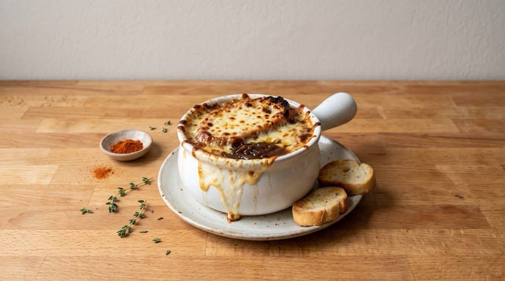 A white crock of French onion soup under bubbling, browned Gruyère and toasted baguette, with extra toast, cayenne and thyme on a butcher-block counter