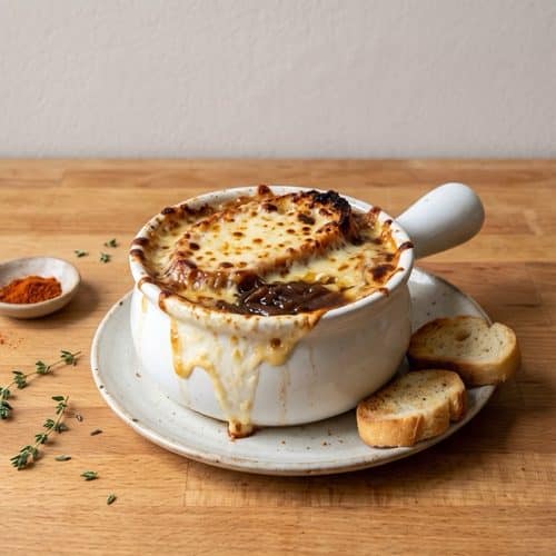 A white crock of French onion soup under bubbling, browned Gruyère and toasted baguette, with extra toast, cayenne and thyme on a butcher-block counter