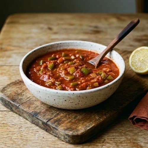 A speckled white bowl of chunky Cajun tomato sauce with diced green bell pepper, celery and onion, a wooden spoon resting in it, on a worn cutting board beside half a lemon