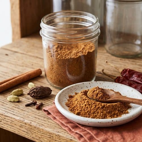 A small glass jar of homemade spicy garam masala and a dish of the brown spice blend, surrounded by a cinnamon stick, cardamom pods, cloves and dried red chilies on a wooden pantry shelf
