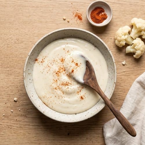 A bowl of creamy bechamel sauce dusted with cayenne, with a wooden spoon, a small dish of cayenne and steamed cauliflower on an oak table