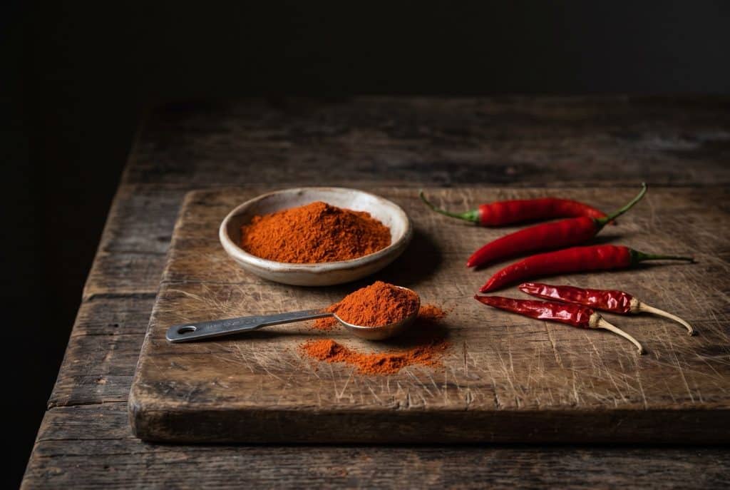 A small dish of ground cayenne pepper and a heaped measuring teaspoon with a little spill on a worn wooden board, beside three fresh red cayenne peppers and two dried ones