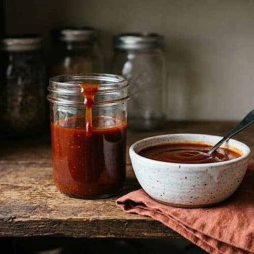 A glass jar of dark red ancho BBQ sauce with a drip down the side, next to a speckled white bowl of sauce with a spoon, on a rustic wooden pantry shelf.