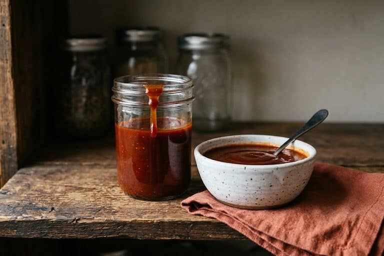 A glass jar of dark red ancho BBQ sauce with a drip down the side, next to a speckled white bowl of sauce with a spoon, on a rustic wooden pantry shelf.