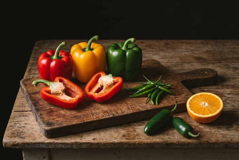 Red, yellow and green bell peppers, a halved red bell, fresh green chilies, jalapeños and half an orange on a worn wooden cutting board