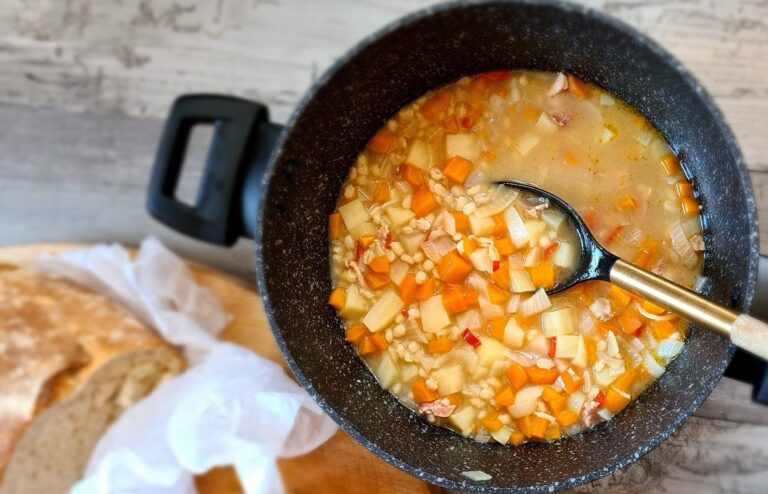Spicy Scotch broth soup in a pot
