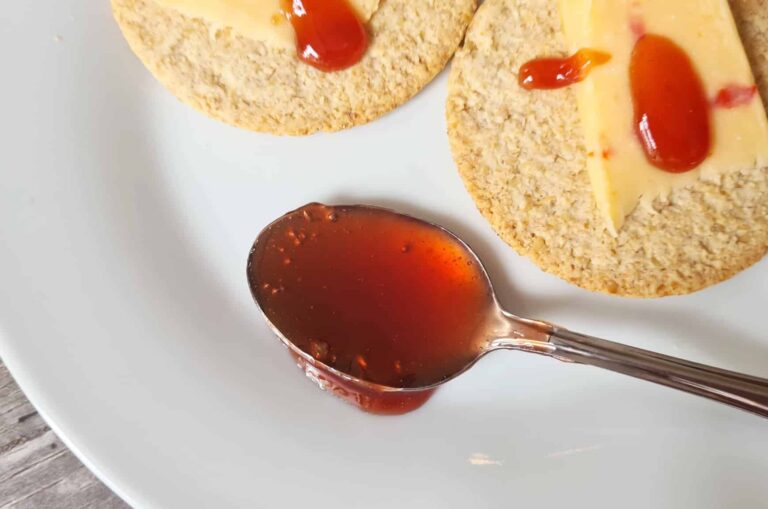 Easy Raspberry Habanero Sauce on a spoon
