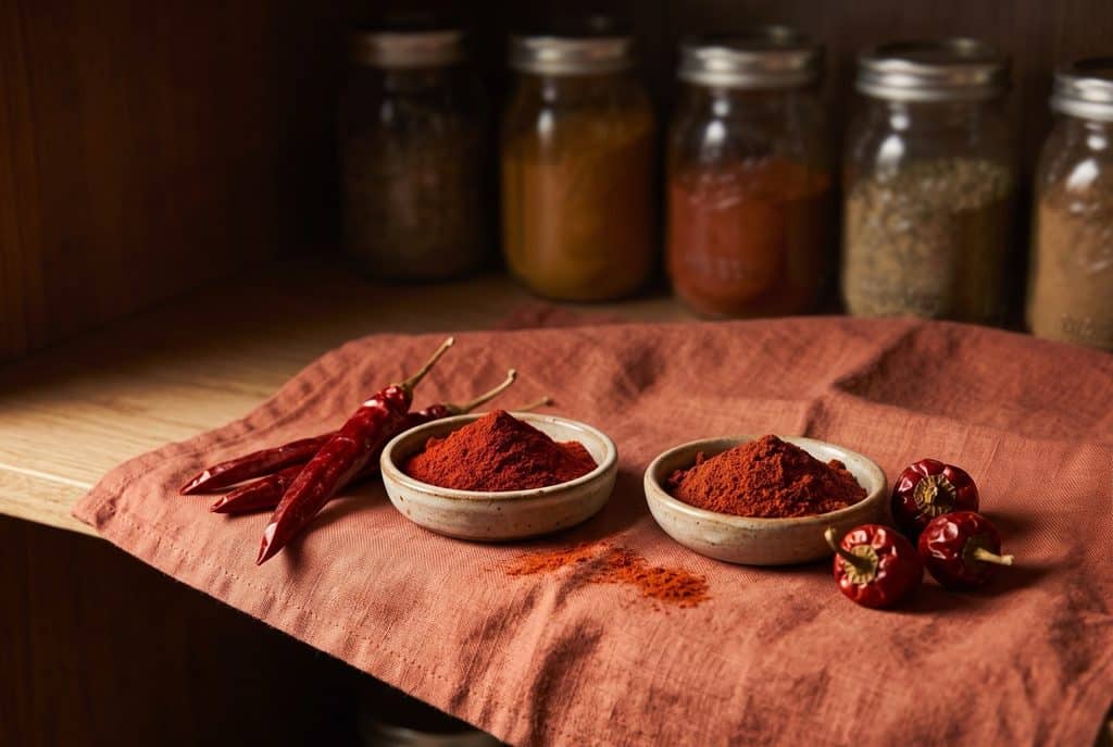Two small speckled dishes of ground paprika, one deep red and one darker rust red, with long dried red pods and small round dried peppers on a terracotta cloth, with spice jars behind