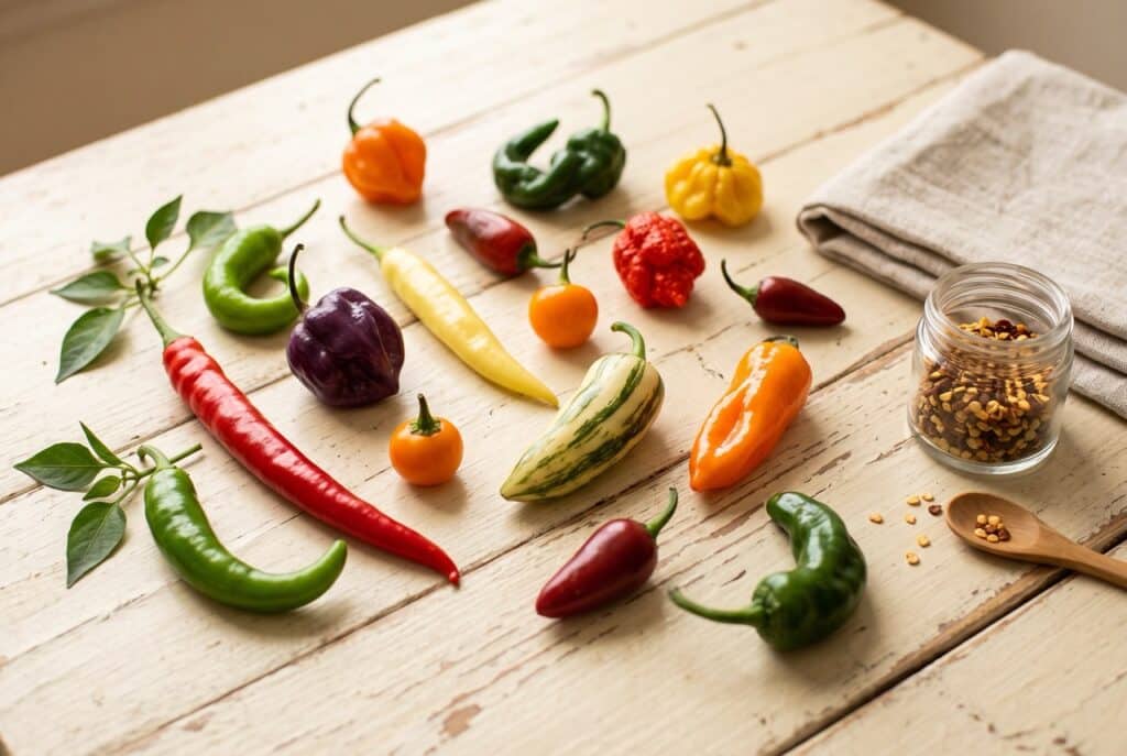A dozen heirloom chili peppers of different colors, shapes and sizes beside a jar of saved seeds