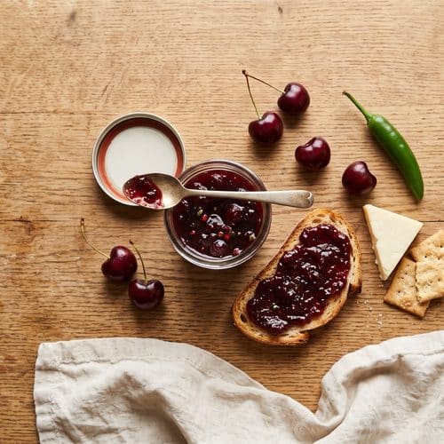 A jar of spicy cherry jam with a spoon, toast spread with jam, white cheddar, crackers, fresh cherries and a serrano pepper on an oak table