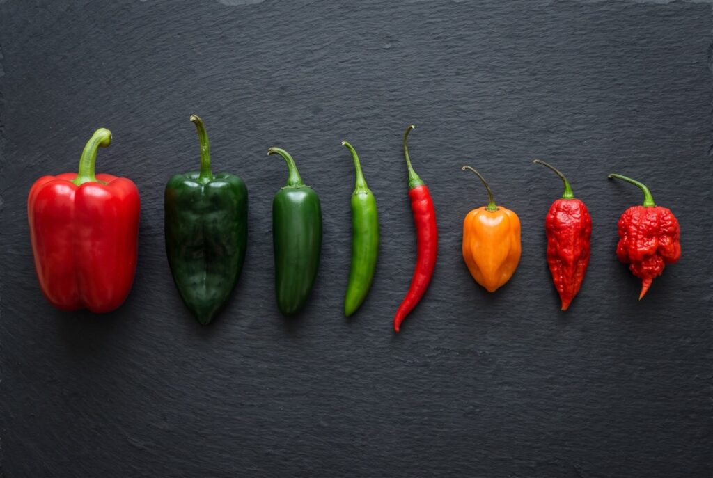 What is the Scoville Scale? Chili peppers of varying heats in a row.