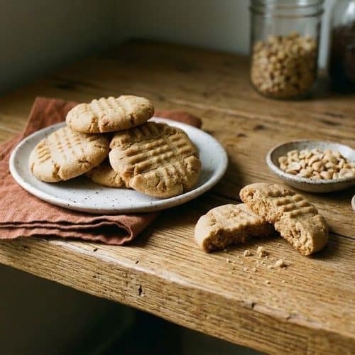 A plate of fork-pressed peanut butter cookies on terracotta linen, with a broken cookie and small dishes of chopped peanuts and cayenne on a wooden pantry shelf