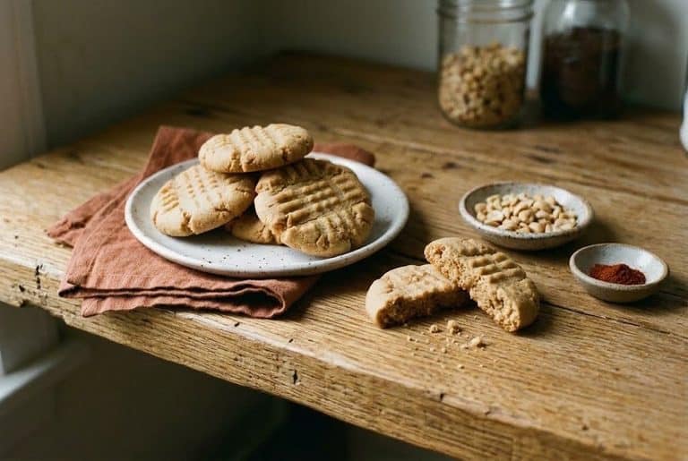 A plate of fork-pressed peanut butter cookies on terracotta linen, with a broken cookie and small dishes of chopped peanuts and cayenne on a wooden pantry shelf