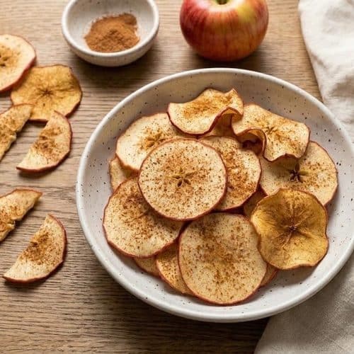 Spicy apple chips dusted with cinnamon in a speckled white bowl on an oak table, with a few loose chips, a small dish of the spice mix and a whole red apple
