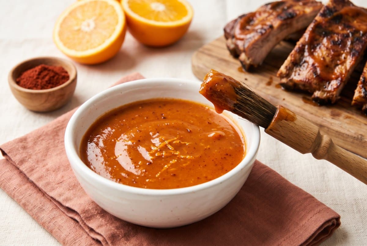 A bowl of orange chipotle sauce with a basting brush, halved oranges, chipotle powder and glazed pork ribs
